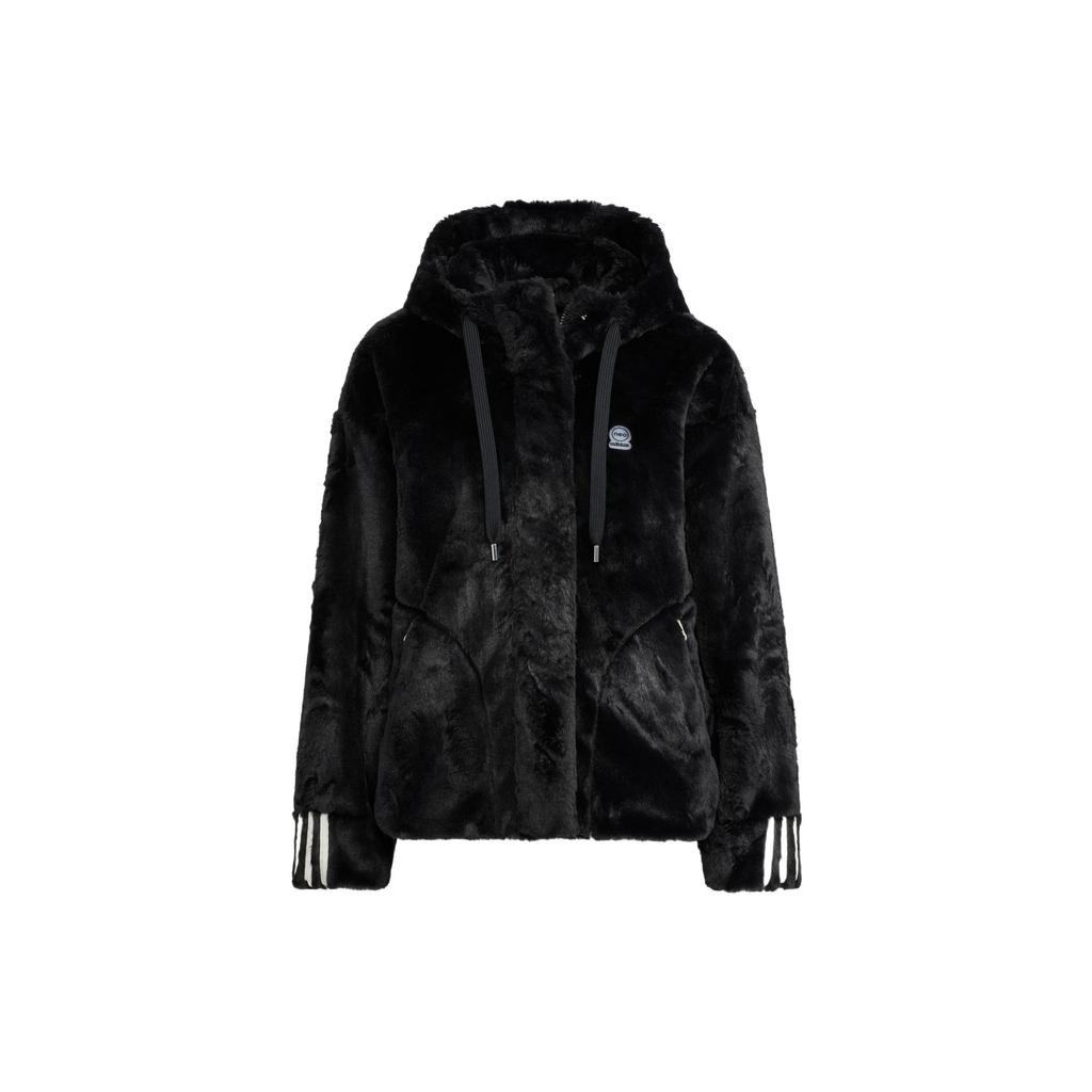 Adidas Neo Winter Fur Stripe Zip Hoodie Fleece Jacket Women Outerwear Black HZ2432