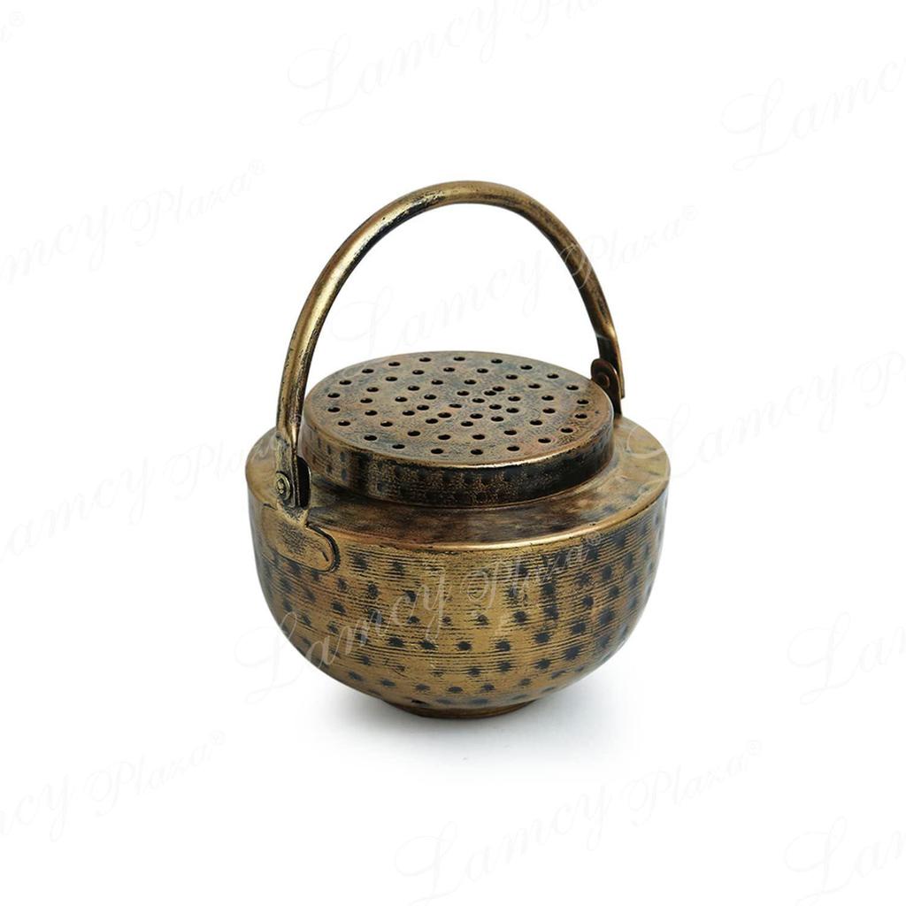 Antique Dhoop Dani Pot | Vintage & Heritage Decor Incense Dhoop Holder | Iron | Round | Antique Golden Finish | Size (L5 X W5 X H8 Inches)
