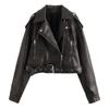 Pu Faux Leather Jacket Woman Chic Vintage American Spring Street Wear Short Lapel Zipper Belt Biker Coats Fashion Streetwear Plus Size