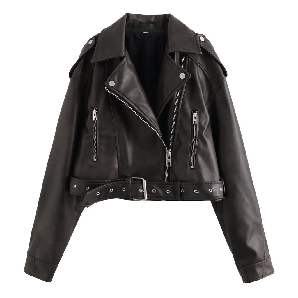 Pu Faux Leather Jacket Woman Chic Vintage American Spring Street Wear Short Lapel Zipper Belt Biker Coats Fashion Streetwear Plus Size