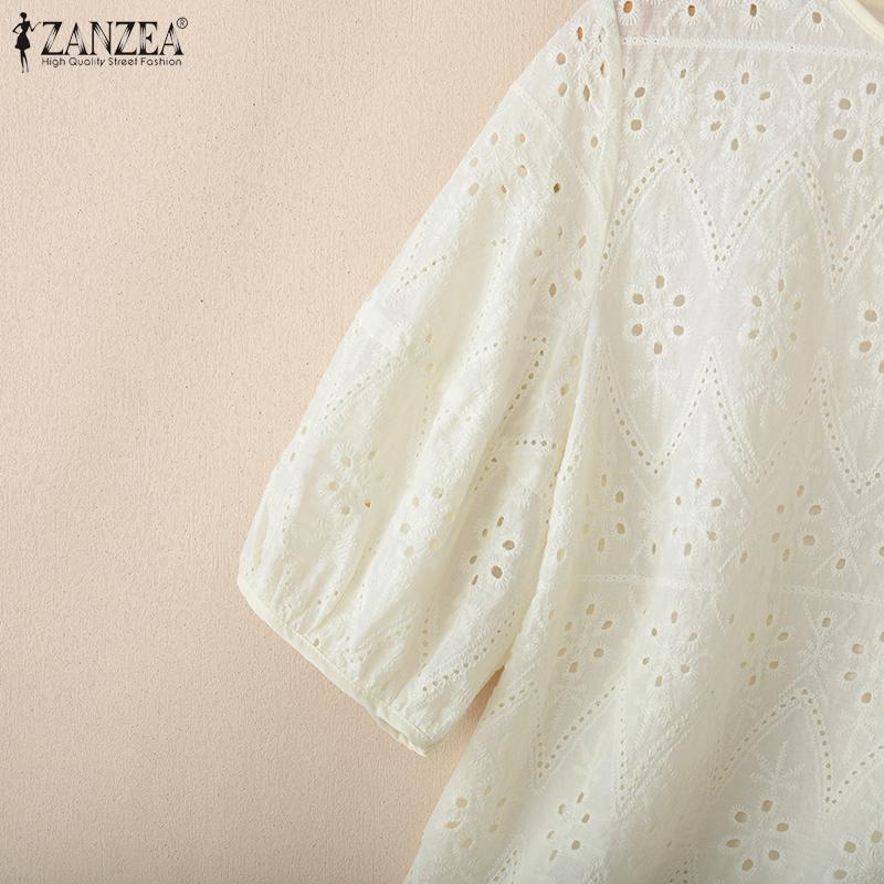 ZANZEA Женская повседневная блузка с круглым вырезом, коротким рукавом, вышивкой, крючком, пэчворком