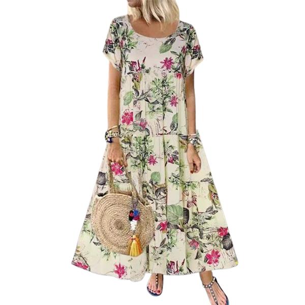 Женское летнее длинное платье с круглым вырезом и короткими рукавами, платье макси свободного кроя с цветочным принтом в стиле бохо