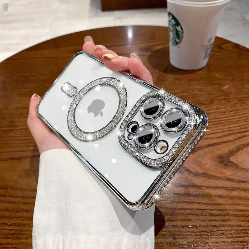 Высококачественный блестящий чехол для телефона со стразами для iPhone 16 15 11 12 13 14 Pro Max 16 Plus Magsafe Magnetic Clear Lens Protective Cover