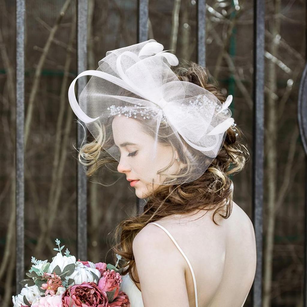 White Bowknot Fascinator Hat with Mesh Veil Flower Clip for Women Brides Tea Party Wedding Church Special Occasion Accessories