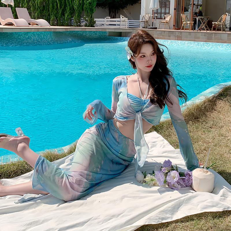 2025 Женские купальники высокого класса: Элегантное длинное платье с разрезом и набор из четырех предметов: бикини