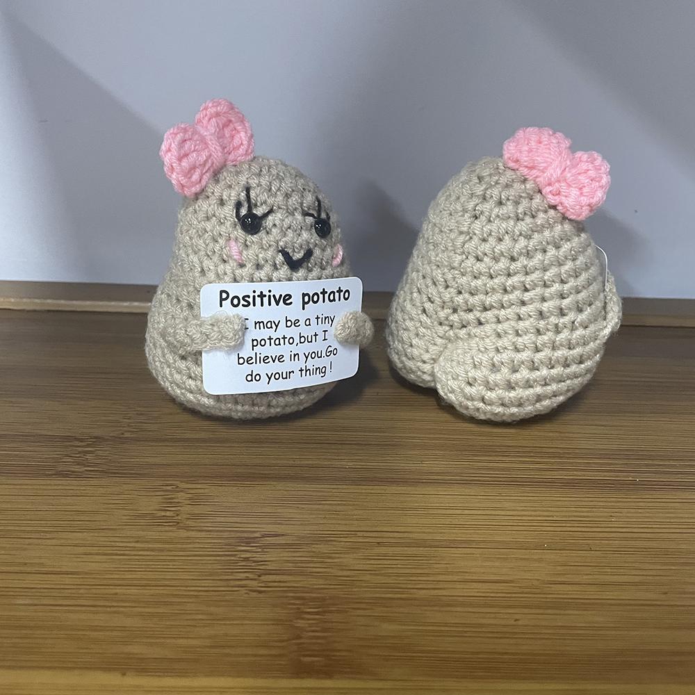 Positive Crochet Bowknot Potato Doll with Affirmation Card Home Room Decor Funny Handmade Big Butt Potato Doll Christmas Gifts