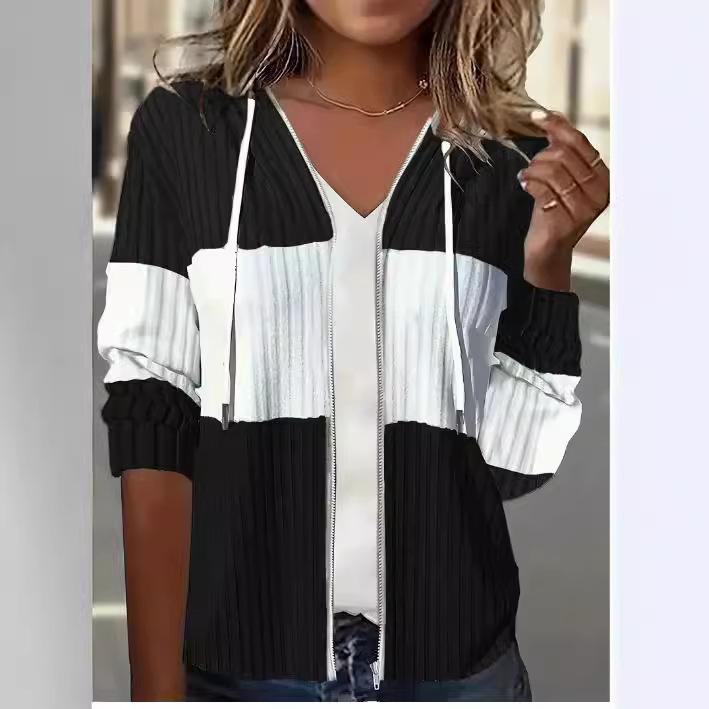 Женское оливково-зеленое худи на молнии в рубчик, белая контрастная полоса, капюшон со шнурком