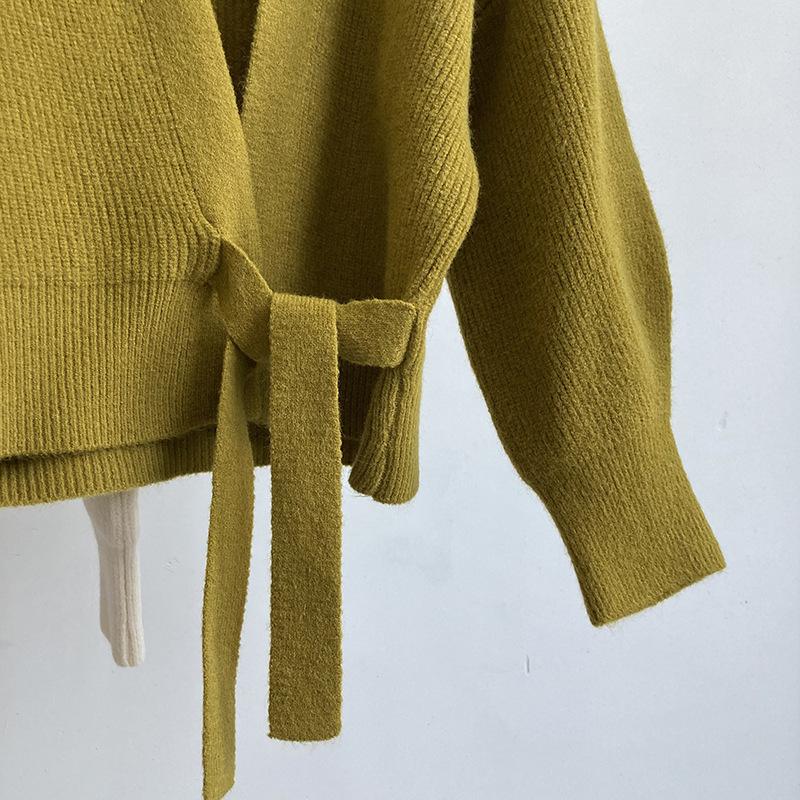 Усовершенствованный свитер, трикотаж, женский вязаный кардиган, осень-зима, галстук с v-образным вырезом, милые короткие вязаные топы с длинными рукавами