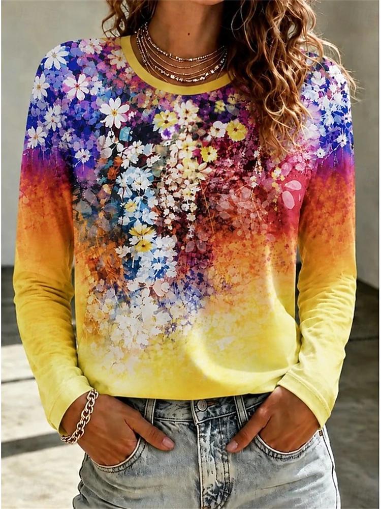 Women's Autumn Casual Long-Sleeved T-Shirt with 3D Print Floral Pattern Round Neck Retro Elegant Fashionable Women's Top