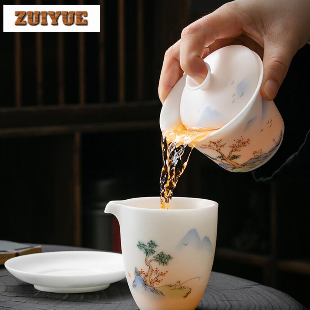 Boutique Ice Jade Porcelain Handmade Covered Bowl Handpainted Frangrant Hills Gaiwan Tea Tureen Tea Brewing Tea Collection Gifts