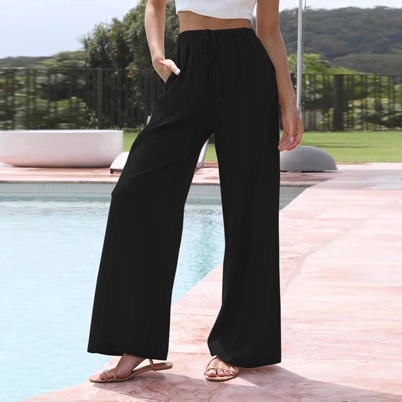 Женские элегантные хлопковые льняные однотонные свободные брюки с широкими штанинами на шнуровке Брюки с эластичной резинкой на талии