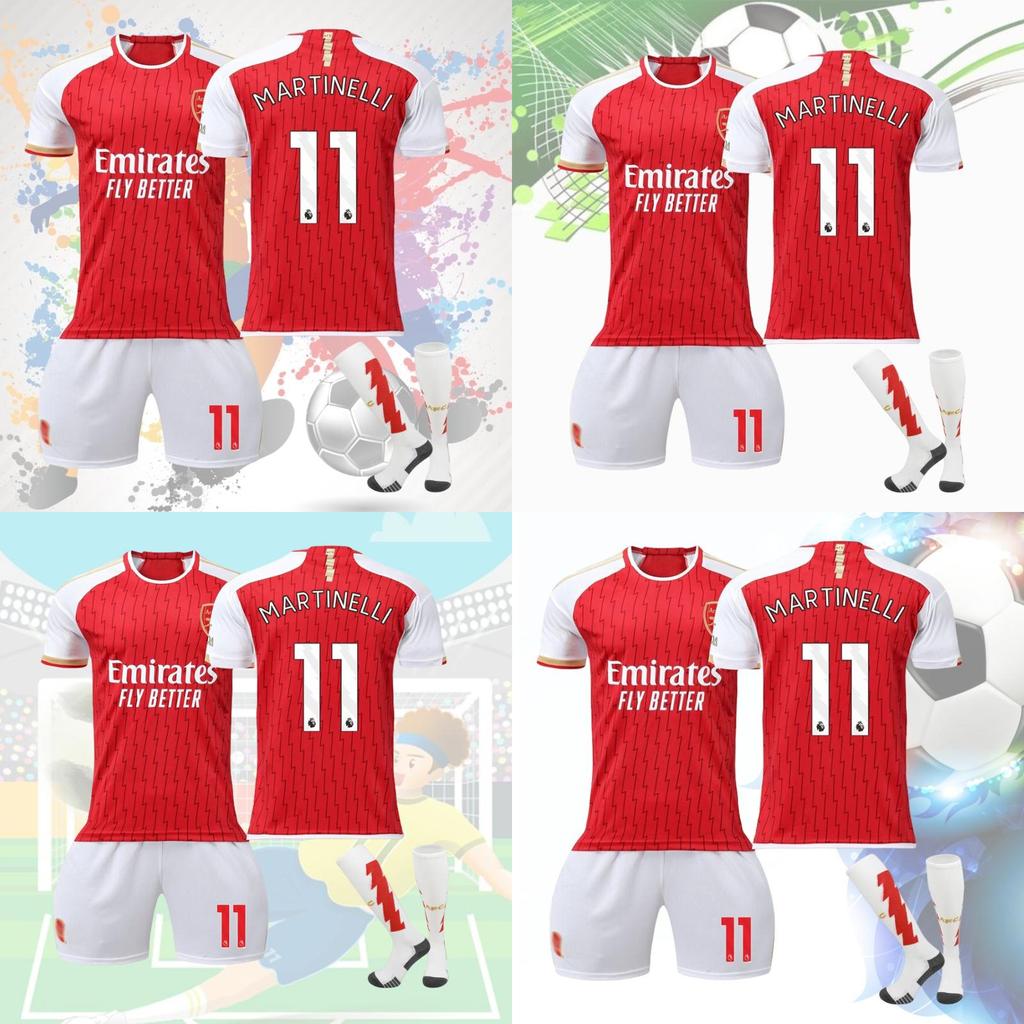 Стильная и удобная детская футбольная форма Арсенал 2023-24, домашняя, с номерами 7 Saka, 8 Elneny, 9 Jesus, 11 Martinelli