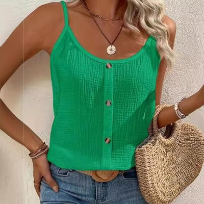 Женская повседневная футболка-топ с круглым вырезом, однотонный жилет, декорированный пуговицами