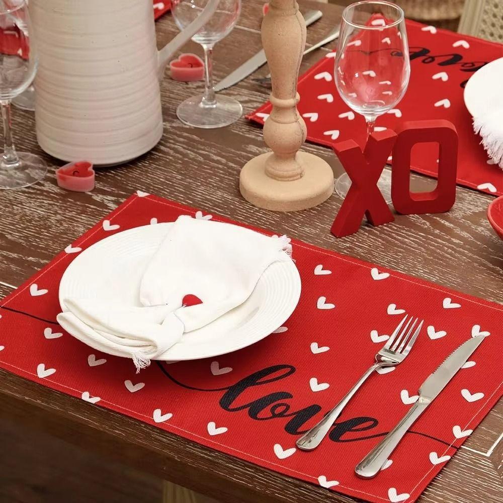 4Pcs 30x45cm Red Love Hearts Table Mats Linen Dining Table Mat Farmhouse Burlap Placemat  Kitchen