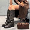 Cowhide~ Maillard Strap Tall Knight Boots Women's Autumn and Winter New Leather Retro Old Belt Buckle Boots