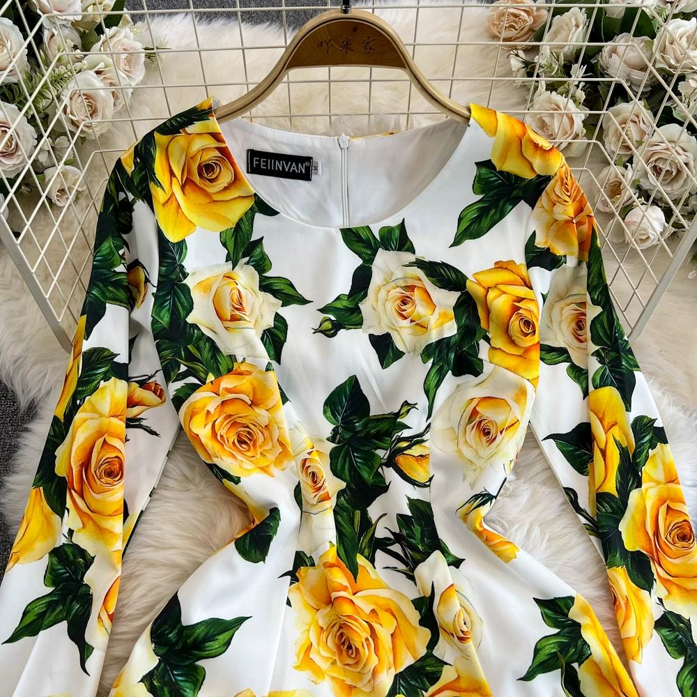 Летнее подиумное модное облегающее платье с принтом розы, женское праздничное платье с круглым вырезом и рукавами 3/4, элегантные вечерние платья миди с разрезом