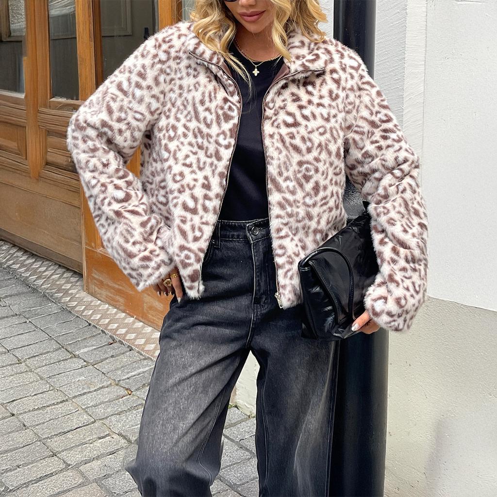 Kaikuo Трансграничное Европейское Элегантное Пальто-куртка с Леопардовым Принтом из Плюша с Длинным Рукавом Женское 2025 Осень и Зима