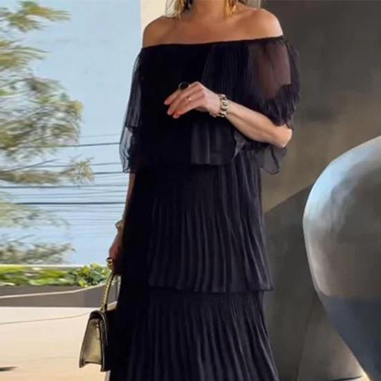 Летнее женское платье с открытыми плечами, многослойное разбросанное подол с рюшами, плиссированное однотонное шифоновое платье с половиной рукавов для выпускного вечера, вечерние макси-платье