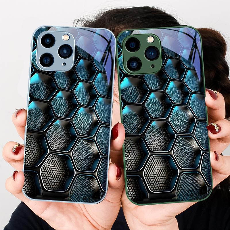 Синий градиентная сетка Для IPhone 16 Plus 15 14 13 12 Mini 11 Pro Max X XS XR 7 8 Plus 2022 Закаленное стекло Чехол для телефона
