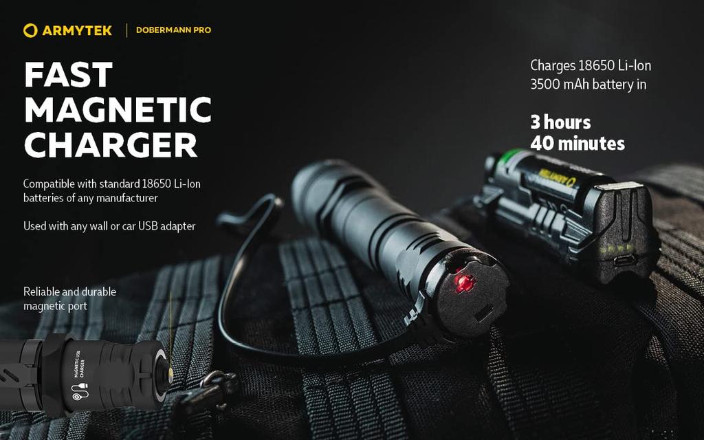 ARMYTEK DOBERMANN PRO XHP35 HI White Light Tactical Flashlight Magnetic Charging 18650 Rechargeable (Built-in Battery)