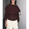 Autumn New Women's Clothing Asymmetric Collar Wide Sleeve Design Plain Stitch Layer Drape Long Sleeves Tops 3456104