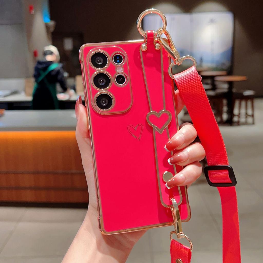Гальваническое покрытие Любовь Подходит для чехла для мобильного телефона Samsung S25 Ultra S24FE Ремешок на запястье Подставка Шнурок A56 Защитный чехол