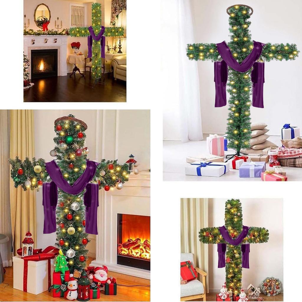 A Cross-shaped Christmas Tree With Lights, Pre-lit, Elongated, Pencil-shaped Artificial Tree, Complete With A Scarf And Christ Crown, Suitable For