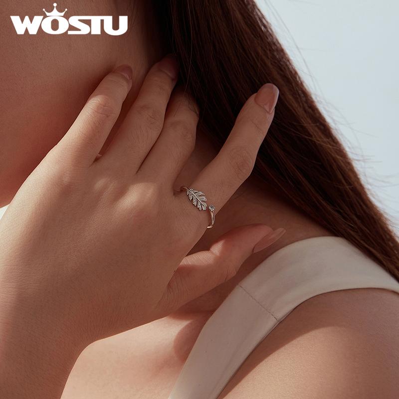 WOSTU 925 Sterling Silver Leaf Open Ring Adjustable Feather Leaf Rings with Zircon Minimalist Jewelry for Women Daily Wear Gift
