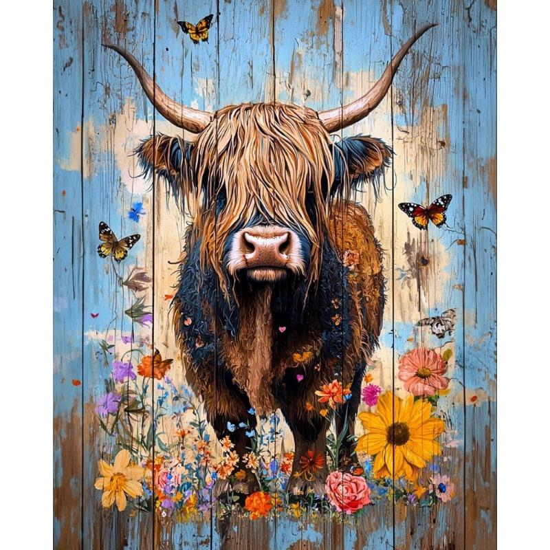 Funny Cow Floral Highland Cow Rustic Western Boho Farm Animal Art Poster Canvas Painting Wall Print Picture for Room Home Decor