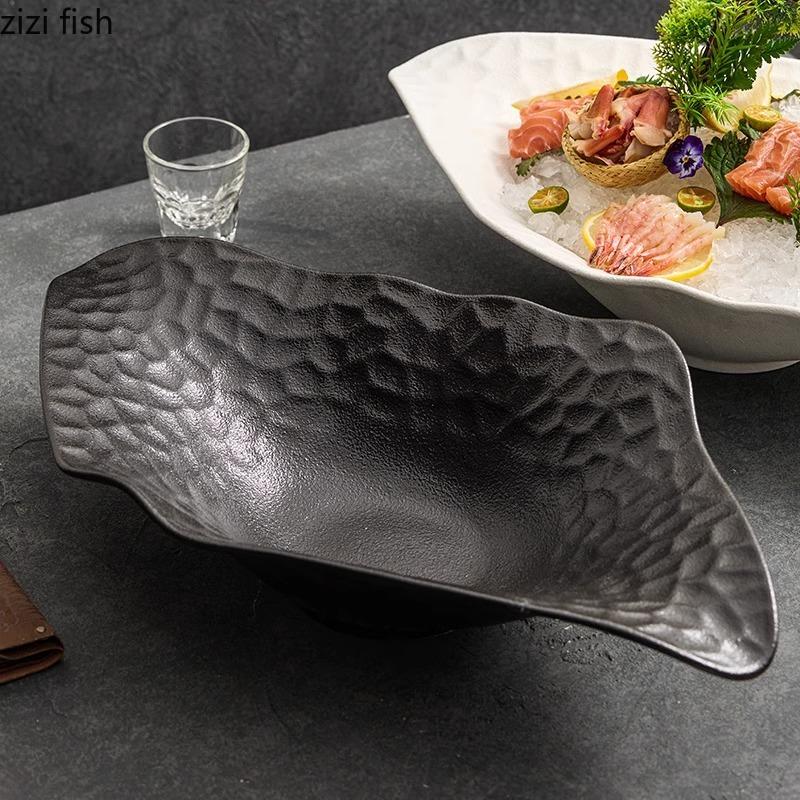 Solid Color Ceramic Sashimi Plate Irregular Salmon Dry Ice Plate Seafood Display Plate Service Dish Molecular Cuisine Tableware