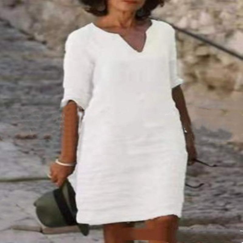 Летнее повседневное платье из хлопка и льна с v-образным вырезом, женское элегантное платье больших размеров с коротким рукавом, женское модное однотонное свободное платье трапециевидной формы, женское 1033