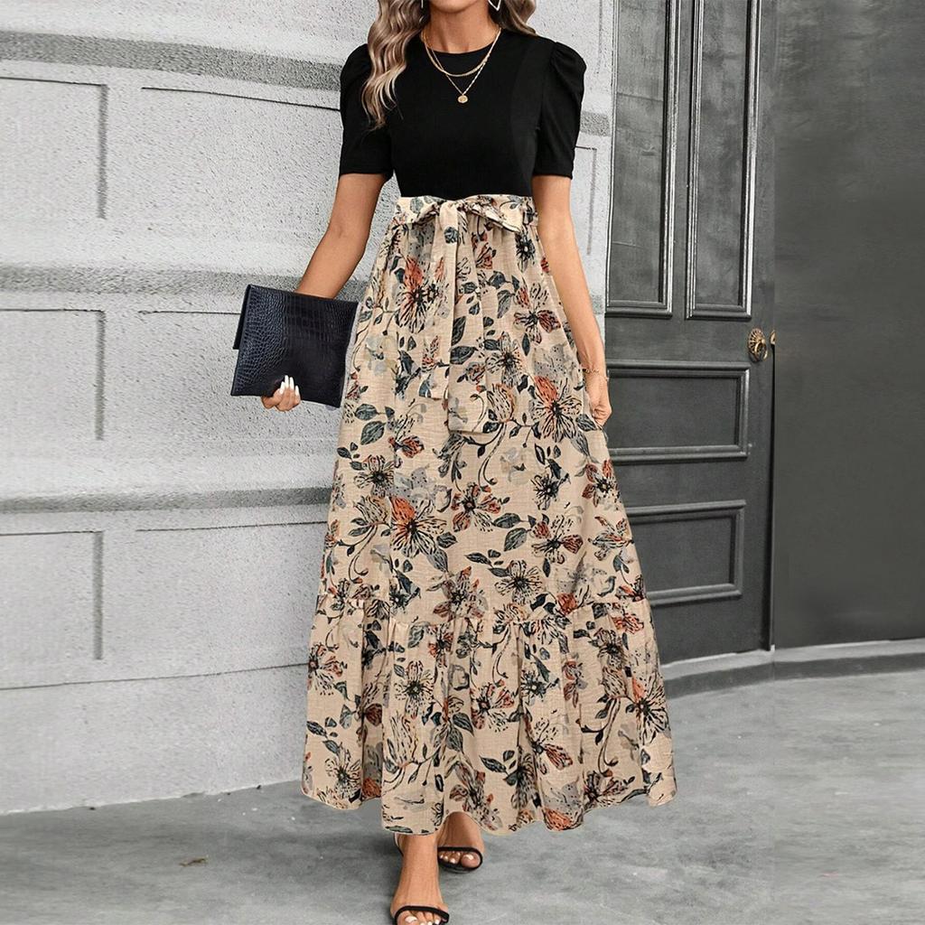 Женское платье с цветочным принтом и высокой талией, модное и элегантное