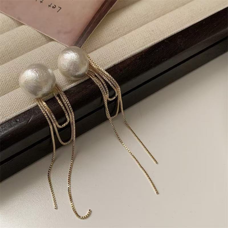 Korean Fashion Imitation Pearl Dangle Earrings Elegant Round Shape Chain Tassel Drop Earrings For Women Bridal Earrings Party Jewelry