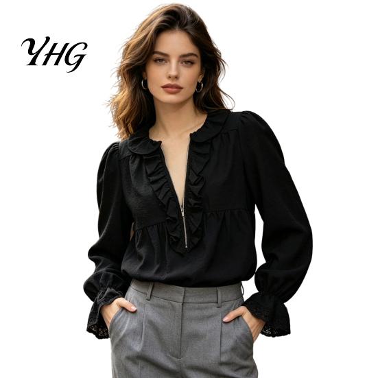 Loose Long Sleeve Tops Women Half Zipper V-Neck Blouse, Bohemian Ruffle Top, Fit Blouses Solid Color Pleated Shirt for Spring Fall Daily Wear Blouse