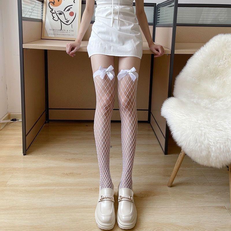Сексуальные чулки в сеточку JK Lolita для девочек, тонкие носки на весну и лето, черный и белый в японском стиле с кружевными подтяжками и бантом