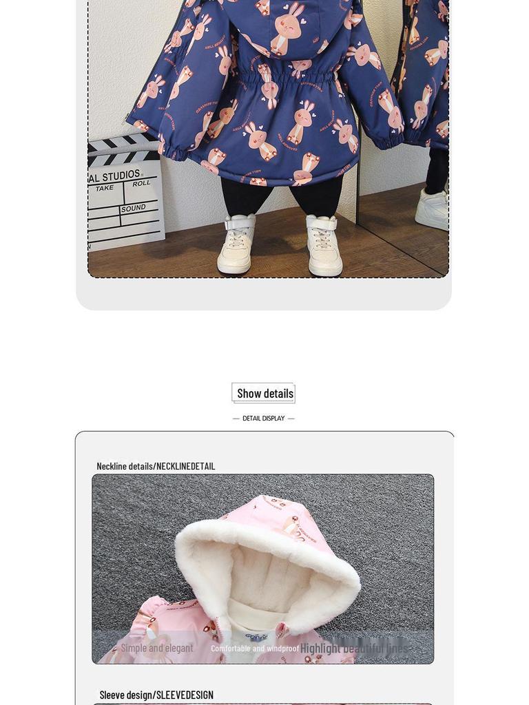 Стильное зимнее бархатное пальто 2024 года для девочек младшего возраста - теплая верхняя одежда с хлопковой подкладкой