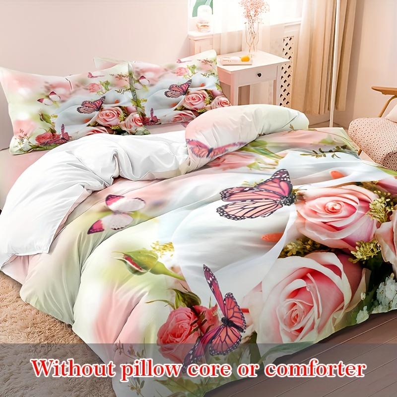 3Pcs Duvet Cover Collection Rose Flower Butterfly Printed Bedding Collection Soft Comfortable Breathable Duvet Cover With Pillowcase