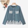 Women Casual Round Neck Loose Lace Splice Loose Blouse