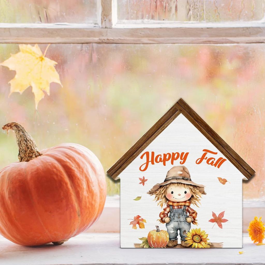 Scarecrows Fall Decor, Pumpkin Scarecrow Happy Fall House Shaped Wood Block Sign, Autumn Farmhouse Home Decor for Desk Table Shelf