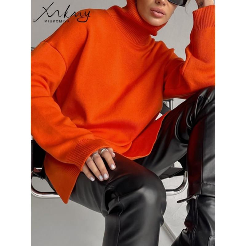 Осенне-зимние женские свитера, водолазки, женские пуловеры, вязаные джемперы с разрезом по бокам, рождественский свитер, большие размеры, для женщин