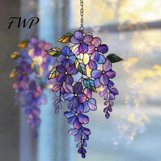 Suncatcher Wisteria Suncatcher, Acrylic Hanging Flower Branch Ornament, Stained Glass Style Floral Room Decor Window for Home Garden, Gift Women, Mom