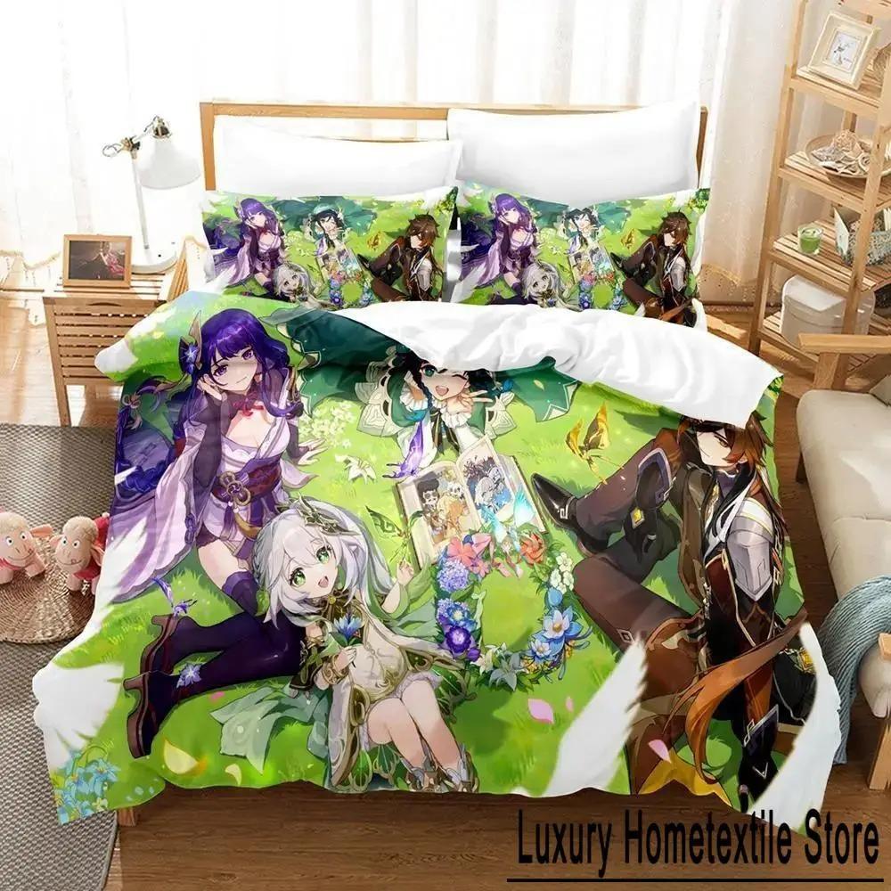 Lightweight Breathable New Game Nahida Genshin Impact Cartoon Anime three piece Adult Kid Bedroom Sets 3D Kawaii Girls Quilt