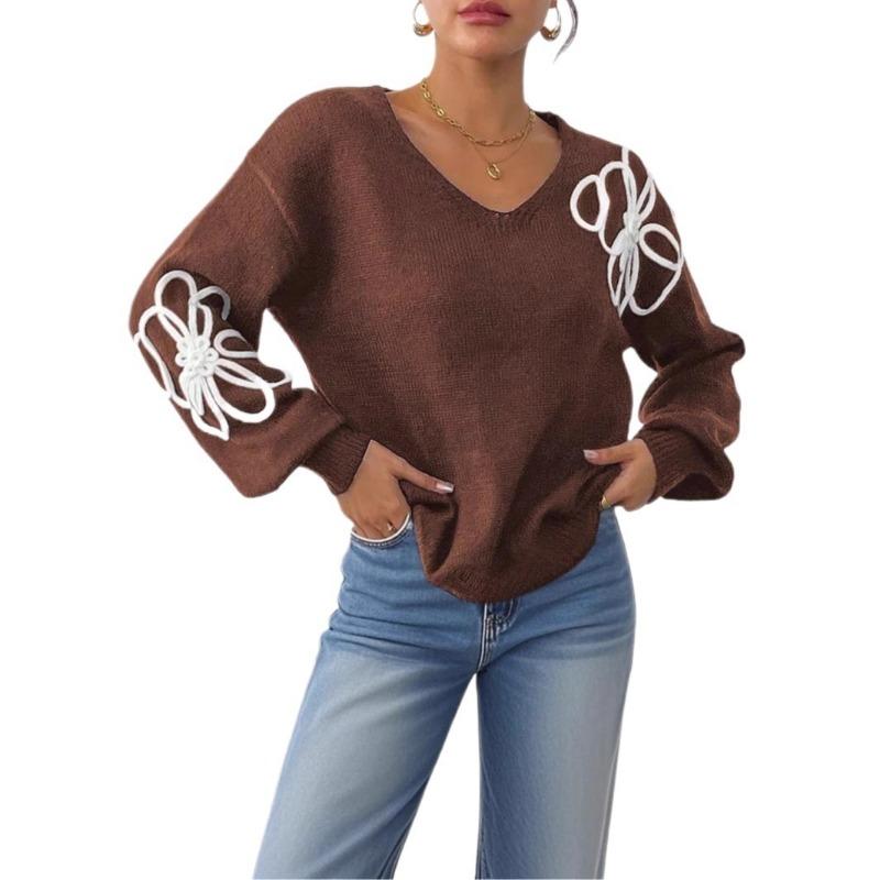 Women S V Neck Pullover Sweater With Flower Embroidery Casual Style