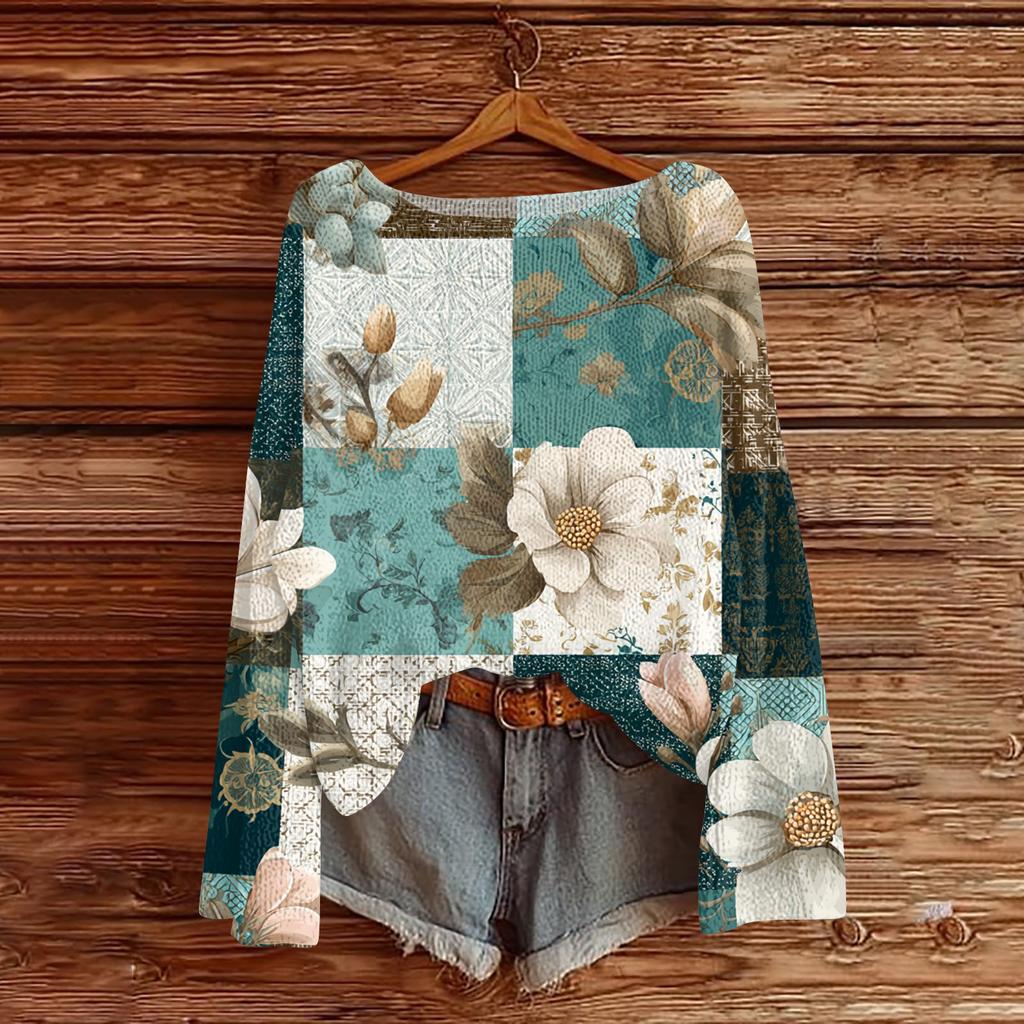 Women's Lightweight Sweater Casual Long Sleeve Knitted Vintage Floral Print Pullover