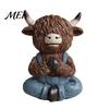 Farmhouse Style Figurines Yoga Highland Cow Resin Figurine, Overalls Statues, Waterproof Healing Atmosphere Decor Garden Ornament for Indoor