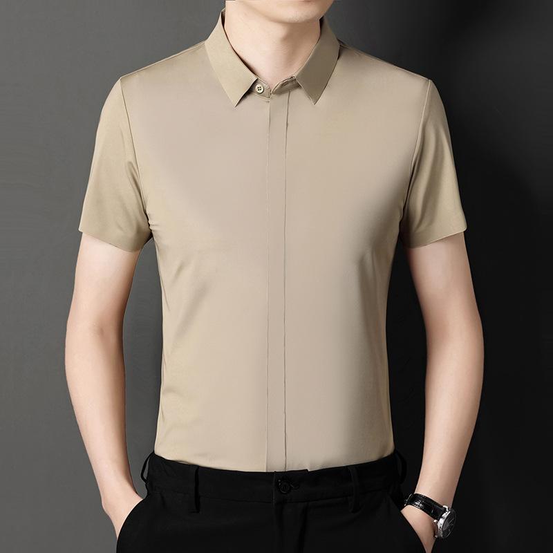 Бесшовная мужская рубашка с короткими рукавами, летняя однотонная одежда для отдыха без железа, тонкая рубашка для папы среднего возраста, мужская рубашка