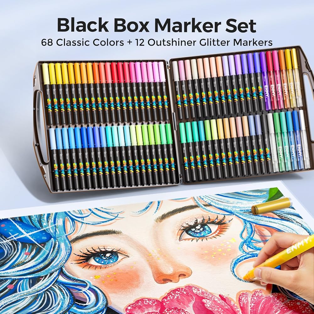 ENMY 80-Color Set 6812 Direct Ink Acrylic Markers with Glitter - Water-Based, for Diaries, Art,