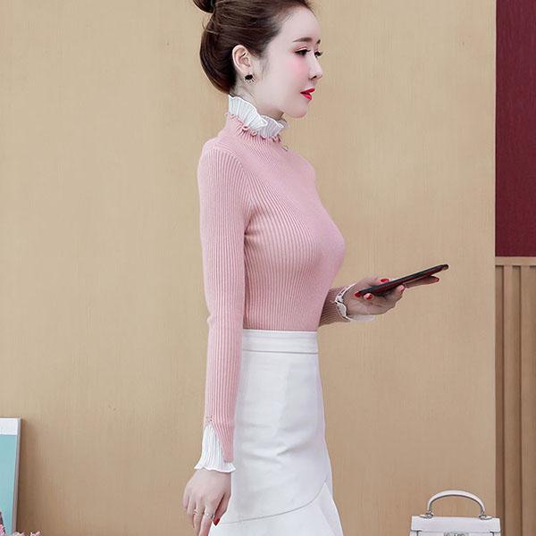 Водолазка с оборками, нижний свитер, женский весенне-осенний утягивающий пуловер из двух частей, свитер с кружевными оборками, вязаный свитер, топ