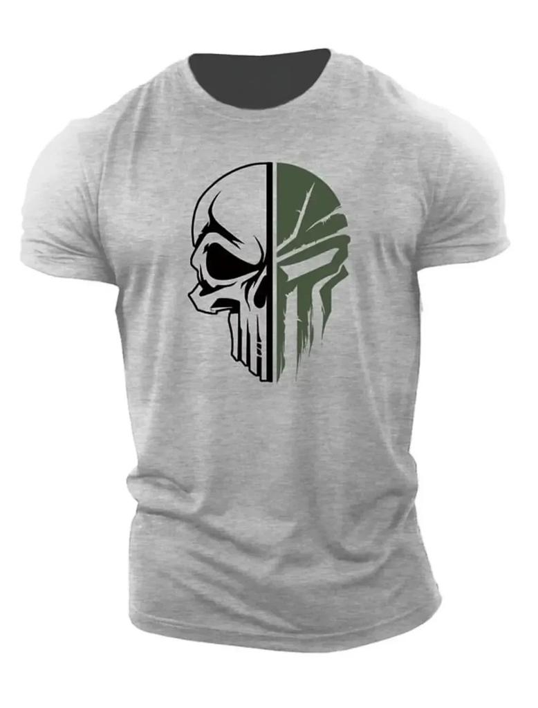 Summer Men's 100% Pure Cotton Skull Print Round Neck T-shirt Plus Size Fitness Sports Outdoor Adult Short Sleeved Shirt