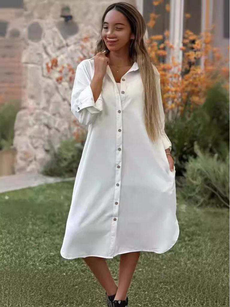 Весна 2024 Женское платье-рубашка с длинным рукавом из хлопка и льна